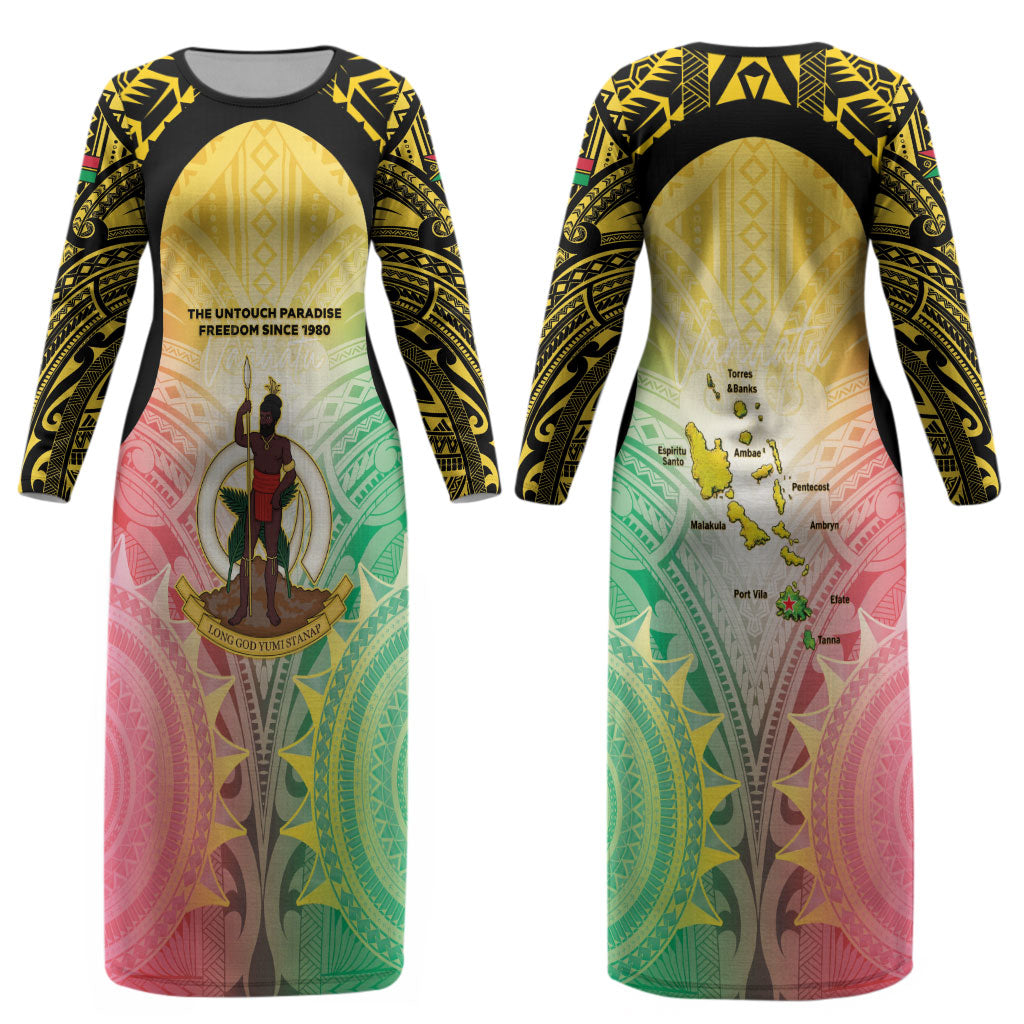 Vanuatu Independence Day Couples Matching Long Sleeve Bodycon Dress and Long Sleeve Button Shirt The Untouched Paradise LT05 - Polynesian Pride