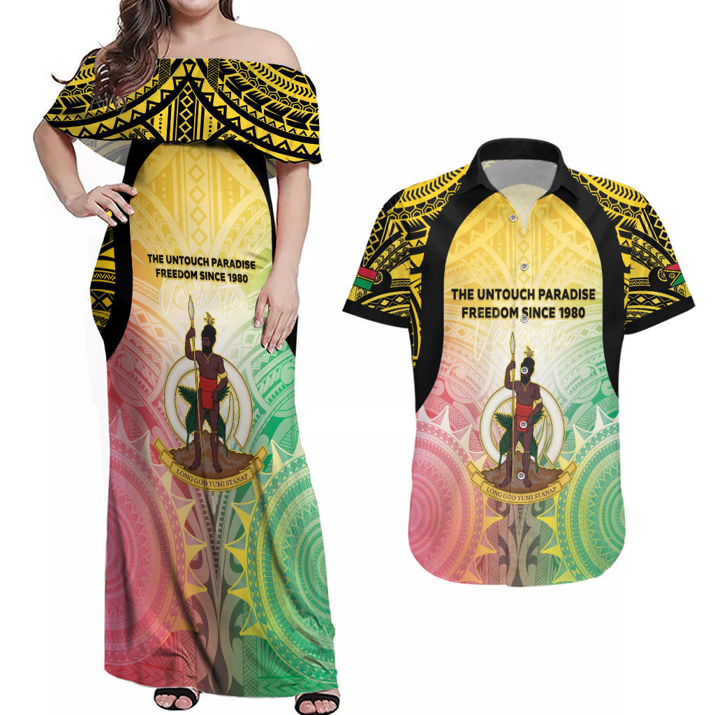 Vanuatu Independence Day Couples Matching Off Shoulder Maxi Dress and Hawaiian Shirt The Untouched Paradise