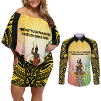 Vanuatu Independence Day Couples Matching Off Shoulder Short Dress and Long Sleeve Button Shirt The Untouched Paradise