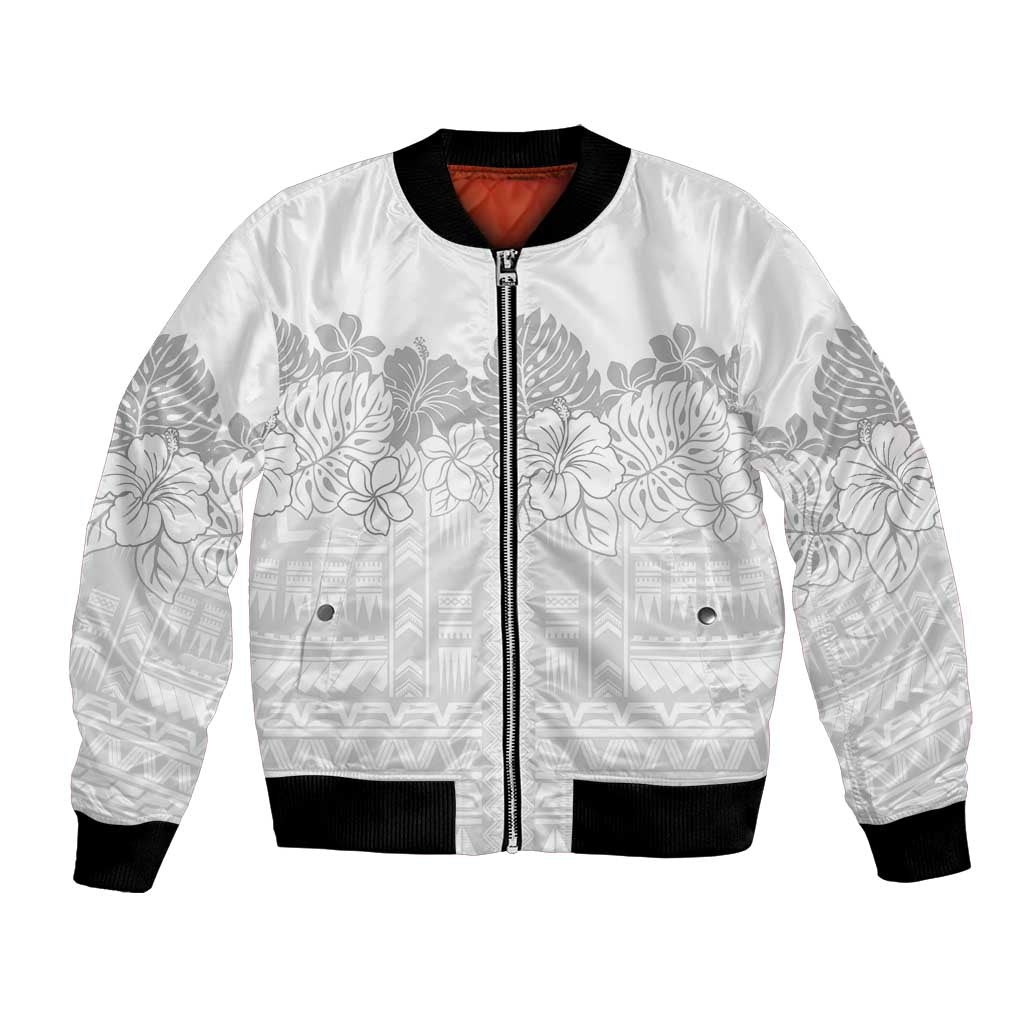 Samoa Lotu Tamaiti Bomber Jacket White Sunday Polynesian Pattern With Tropical Flowers