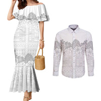 Samoa Lotu Tamaiti Couples Matching Mermaid Dress and Long Sleeve Button Shirt White Sunday Polynesian Pattern With Tropical Flowers