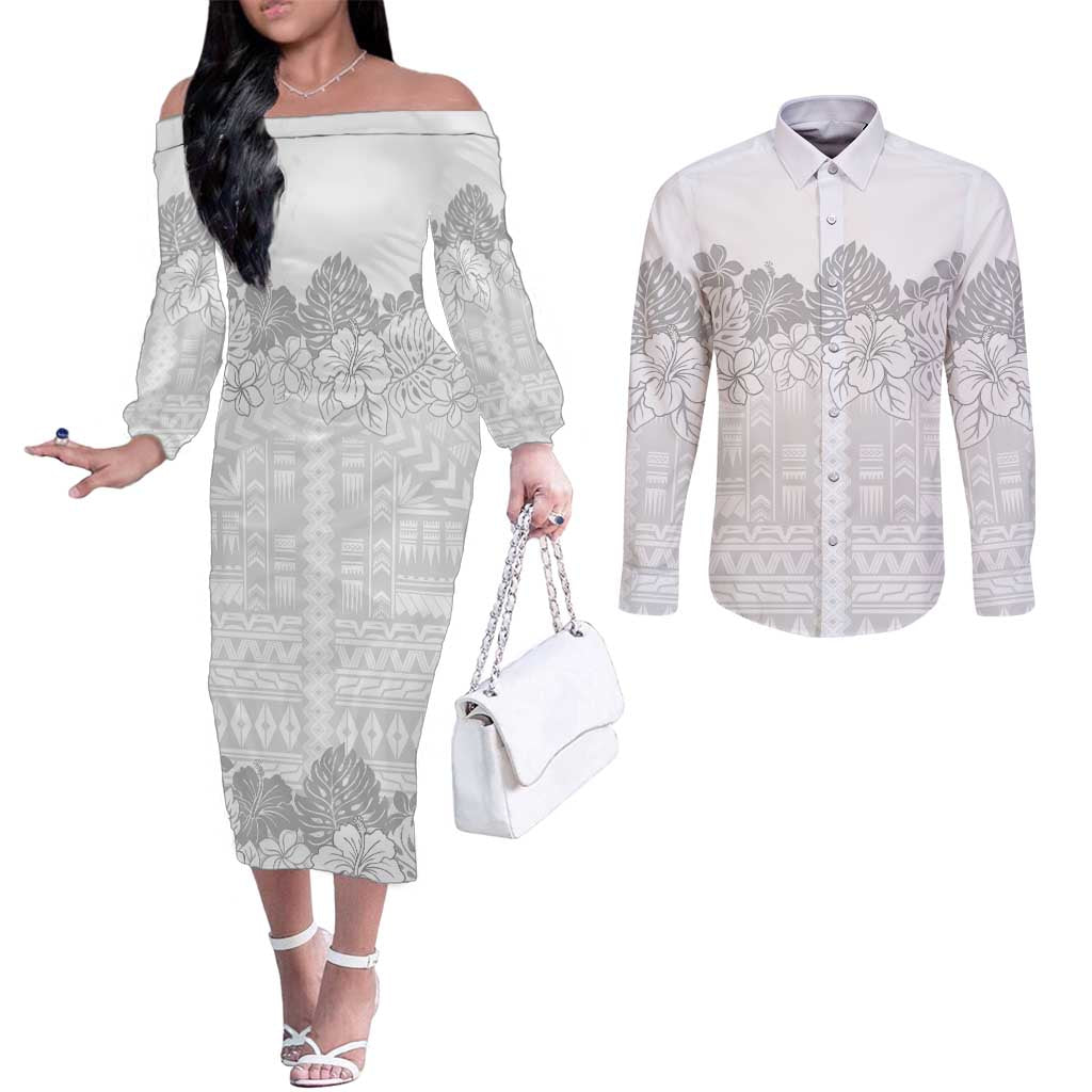 Samoa Lotu Tamaiti Couples Matching Off The Shoulder Long Sleeve Dress and Long Sleeve Button Shirt White Sunday Polynesian Pattern With Tropical Flowers