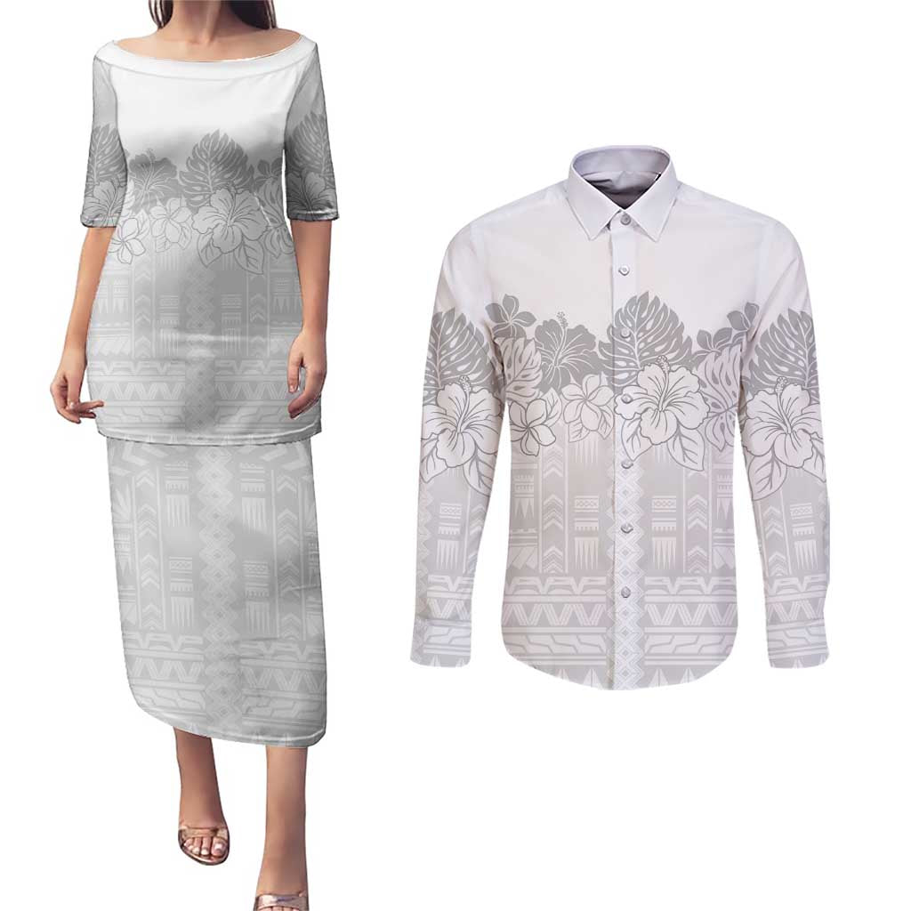 Samoa Lotu Tamaiti Couples Matching Puletasi and Long Sleeve Button Shirt White Sunday Polynesian Pattern With Tropical Flowers