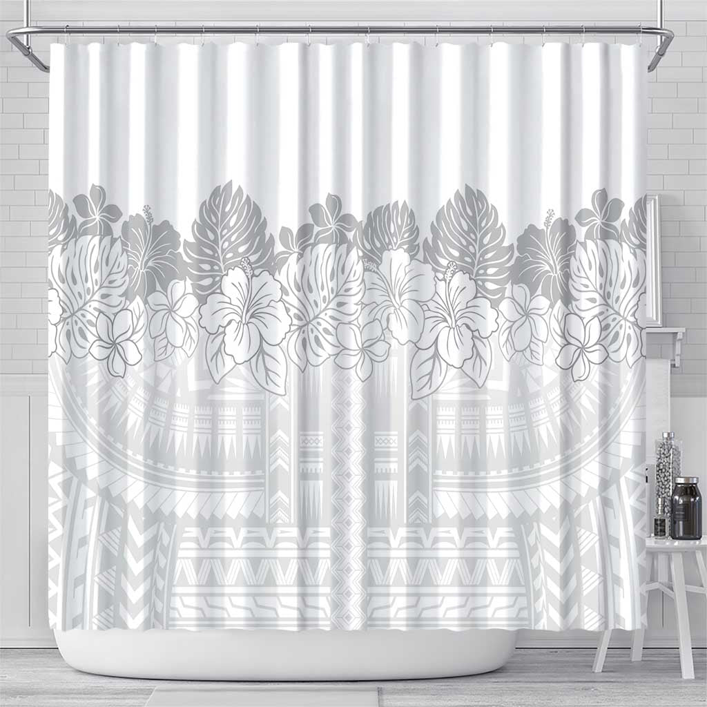 Samoa Lotu Tamaiti Shower Curtain White Sunday Polynesian Pattern With Tropical Flowers