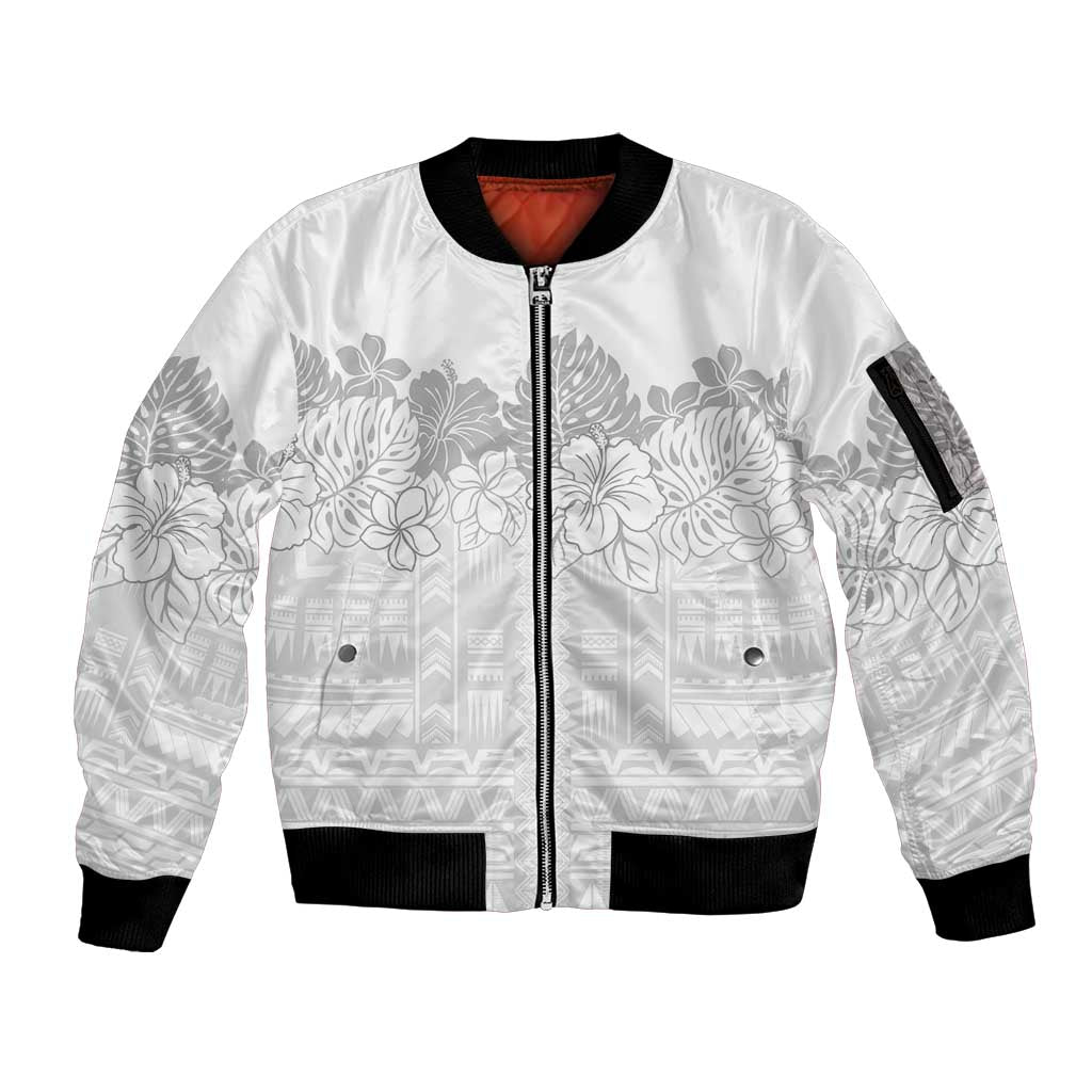 Samoa Lotu Tamaiti Sleeve Zip Bomber Jacket White Sunday Polynesian Pattern With Tropical Flowers