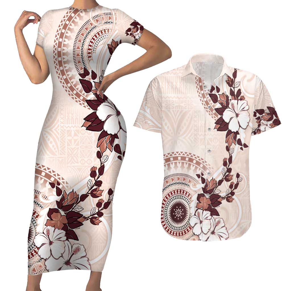 Bula Fiji Language Week Couples Matching Short Sleeve Bodycon Dress and Hawaiian Shirt Fijian Tapa Pattern With Tagimoucia Flower