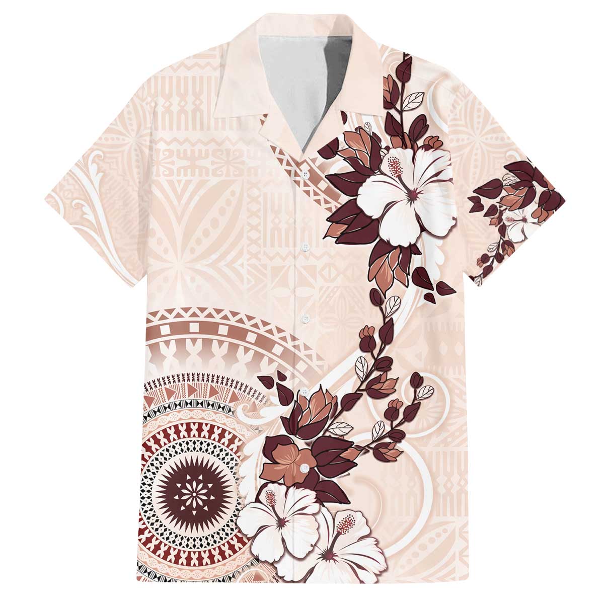 Bula Fiji Language Week Family Matching Puletasi and Hawaiian Shirt Fijian Tapa Pattern With Tagimoucia Flower LT05 Dad's Shirt - Short Sleeve Beige - Polynesian Pride