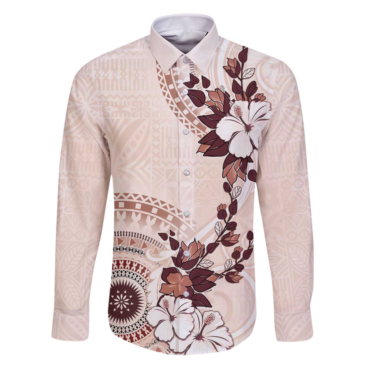 Bula Fiji Language Week Family Matching Puletasi and Hawaiian Shirt Fijian Tapa Pattern With Tagimoucia Flower LT05 Dad's Shirt - Long Sleeve Beige - Polynesian Pride