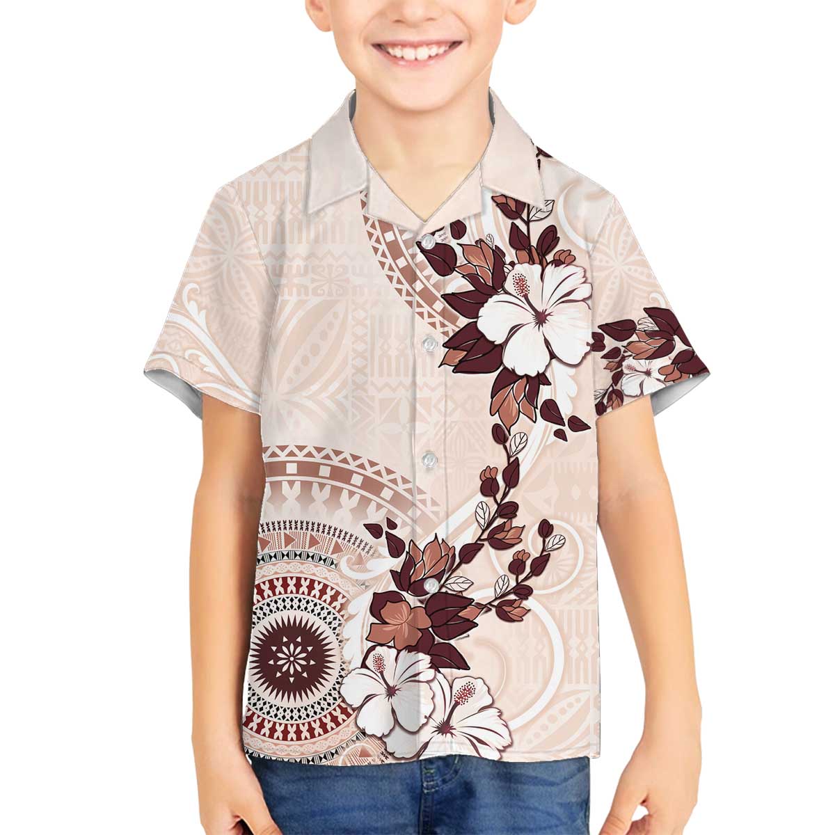 Bula Fiji Language Week Family Matching Puletasi and Hawaiian Shirt Fijian Tapa Pattern With Tagimoucia Flower LT05 Son's Shirt Beige - Polynesian Pride