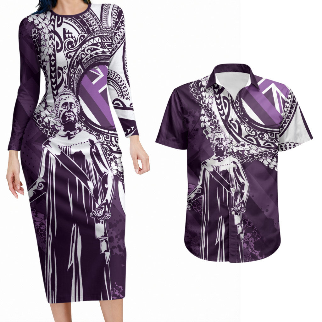 Hawaii Queen Liliuokalani Couples Matching Long Sleeve Bodycon Dress and Hawaiian Shirt Hawaiian Maile Lei Flag Style