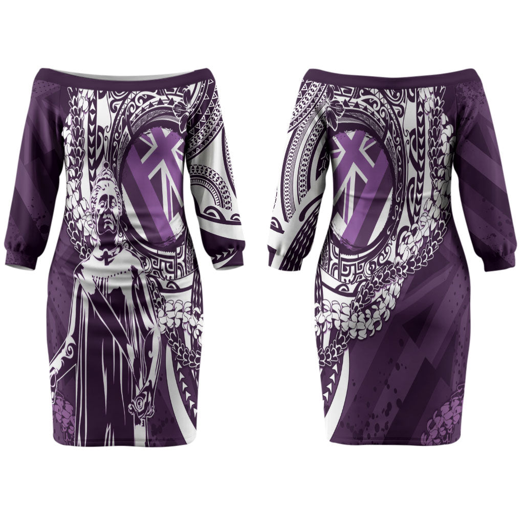 Hawaii Queen Liliuokalani Couples Matching Off The Shoulder Long Sleeve Dress and Hawaiian Shirt Hawaiian Maile Lei Flag Style