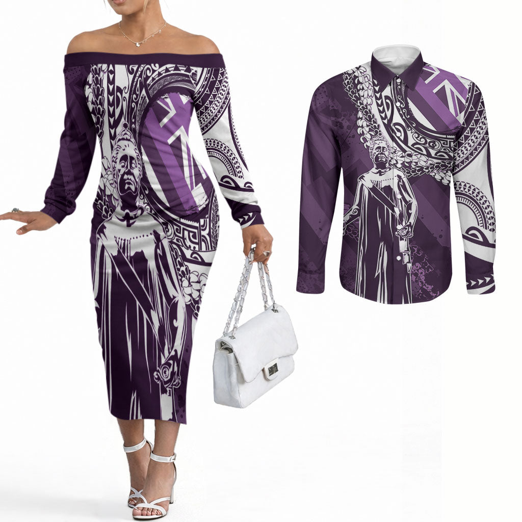 Hawaii Queen Liliuokalani Couples Matching Off The Shoulder Long Sleeve Dress and Long Sleeve Button Shirt Hawaiian Maile Lei Flag Style