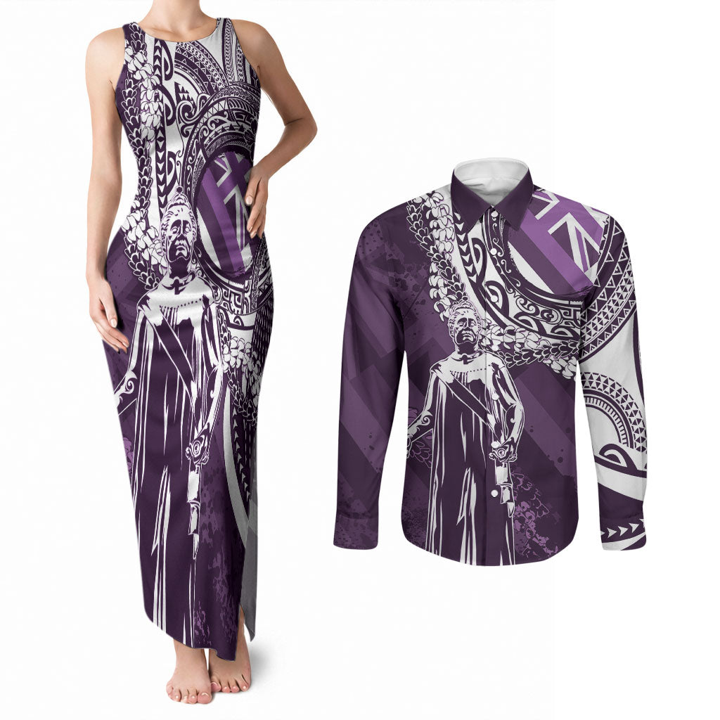 Hawaii Queen Liliuokalani Couples Matching Tank Maxi Dress and Long Sleeve Button Shirt Hawaiian Maile Lei Flag Style
