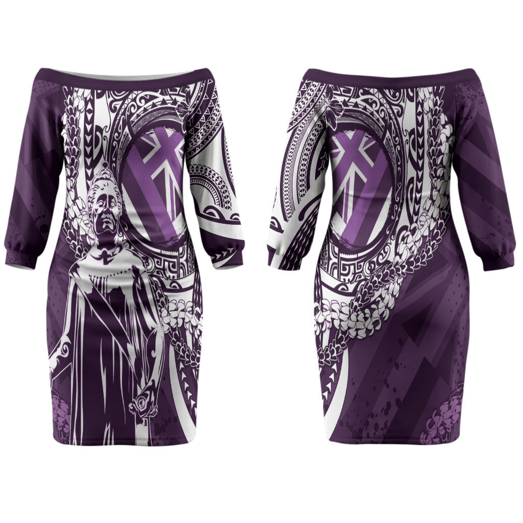 Hawaii Queen Liliuokalani Family Matching Off The Shoulder Long Sleeve Dress and Hawaiian Shirt Hawaiian Maile Lei Flag Style LT05 Mom's Dress Purple - Polynesian Pride