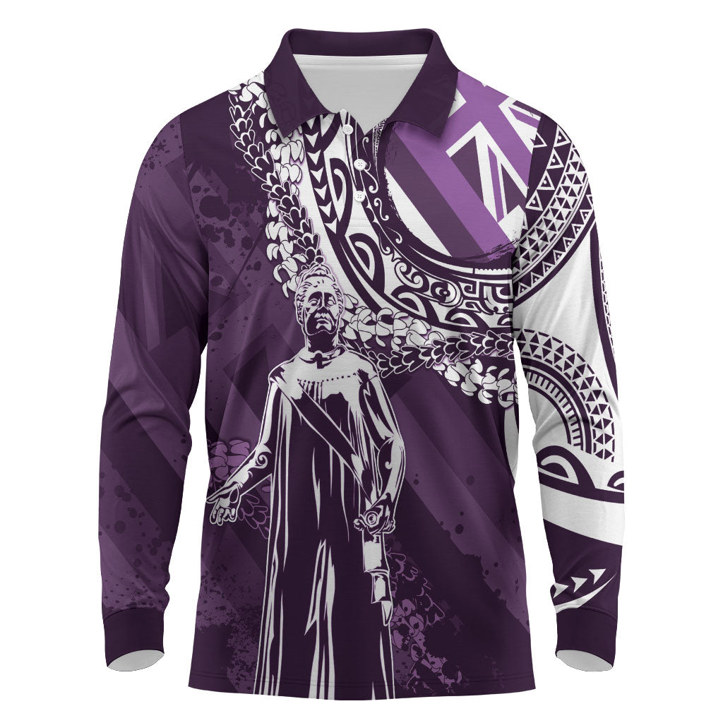 Hawaii Queen Liliuokalani Long Sleeve Polo Shirt Hawaiian Maile Lei Flag Style