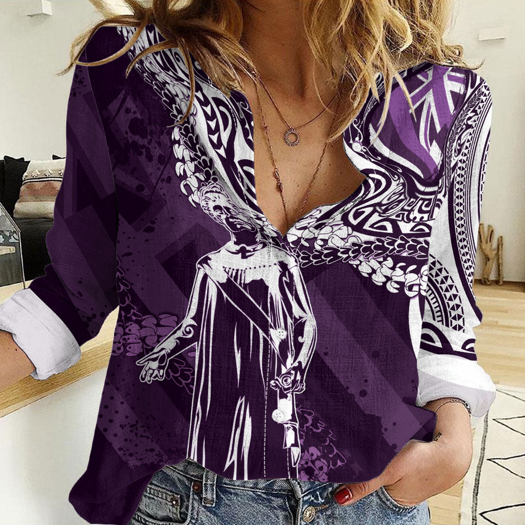 Hawaii Queen Liliuokalani Women Casual Shirt Hawaiian Maile Lei Flag Style