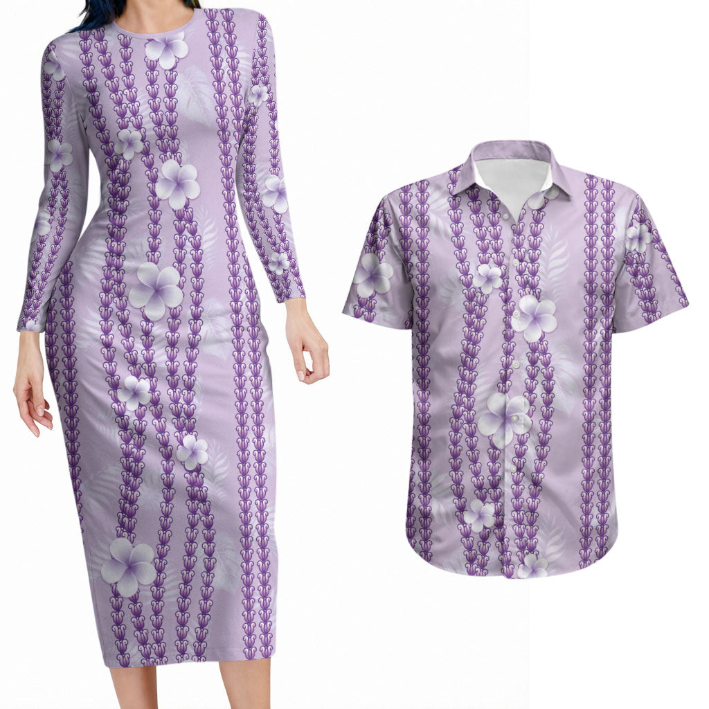 Hawaii Queen Liliuokalani Couples Matching Long Sleeve Bodycon Dress and Hawaiian Shirt Lavender Lei Pua Kalaunu