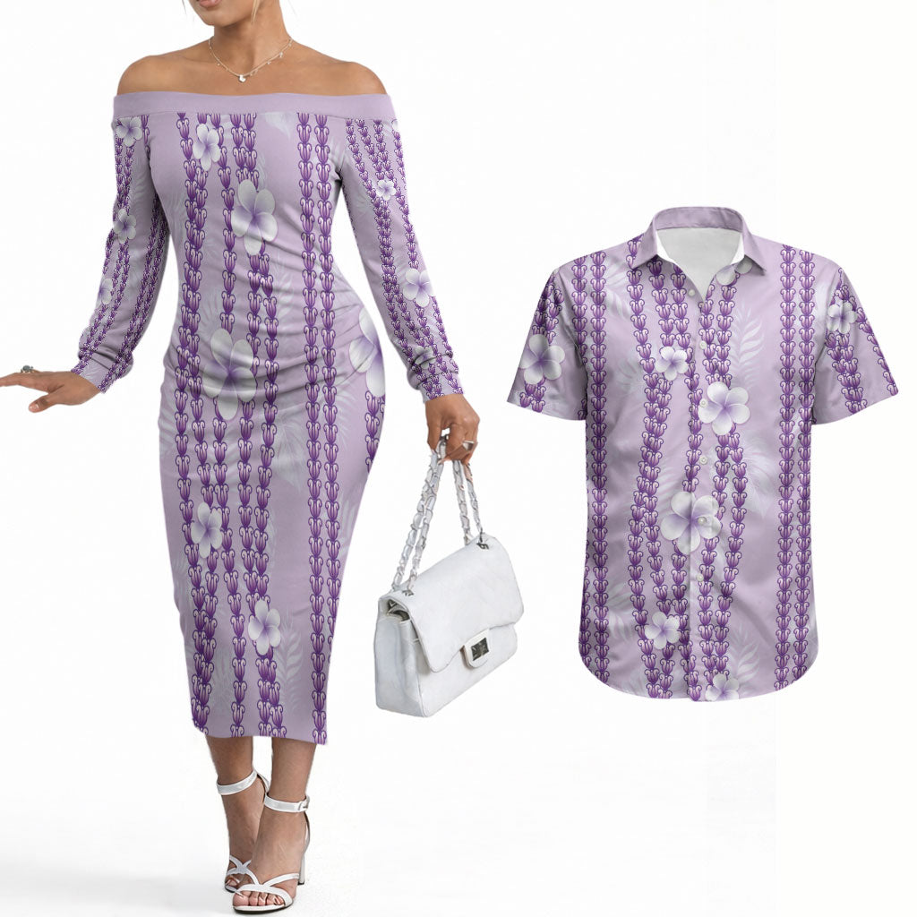 Hawaii Queen Liliuokalani Couples Matching Off The Shoulder Long Sleeve Dress and Hawaiian Shirt Lavender Lei Pua Kalaunu