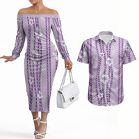 Hawaii Queen Liliuokalani Couples Matching Off The Shoulder Long Sleeve Dress and Hawaiian Shirt Lavender Lei Pua Kalaunu