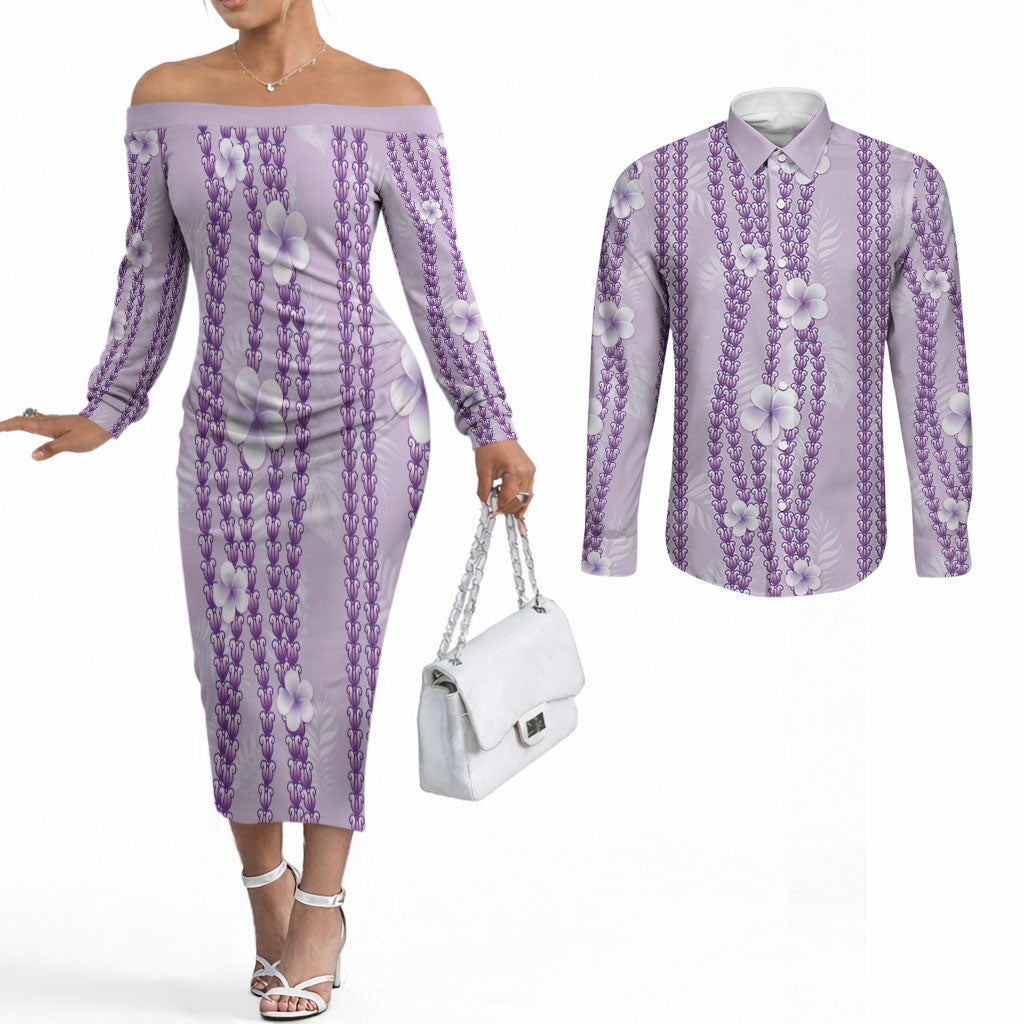 Hawaii Queen Liliuokalani Couples Matching Off The Shoulder Long Sleeve Dress and Long Sleeve Button Shirt Lavender Lei Pua Kalaunu