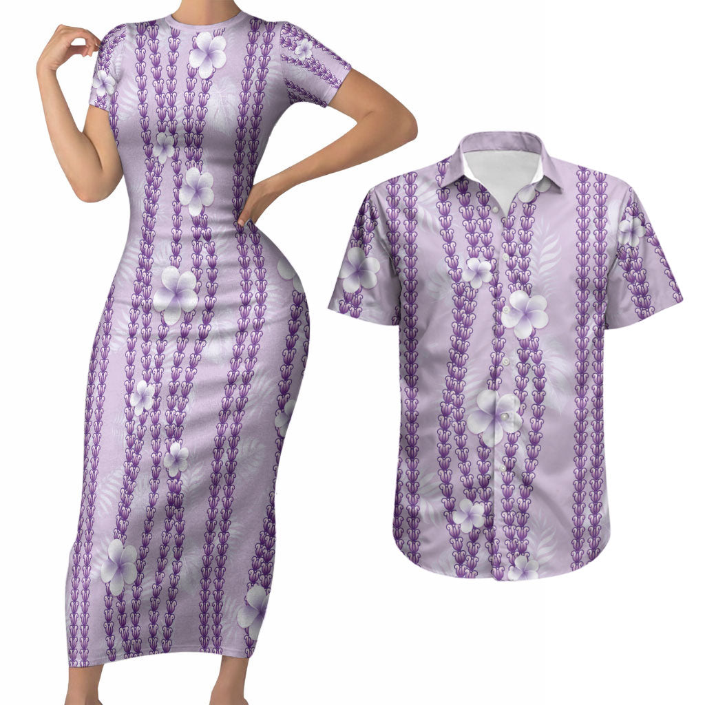 Hawaii Queen Liliuokalani Couples Matching Short Sleeve Bodycon Dress and Hawaiian Shirt Lavender Lei Pua Kalaunu