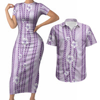 Hawaii Queen Liliuokalani Couples Matching Short Sleeve Bodycon Dress and Hawaiian Shirt Lavender Lei Pua Kalaunu