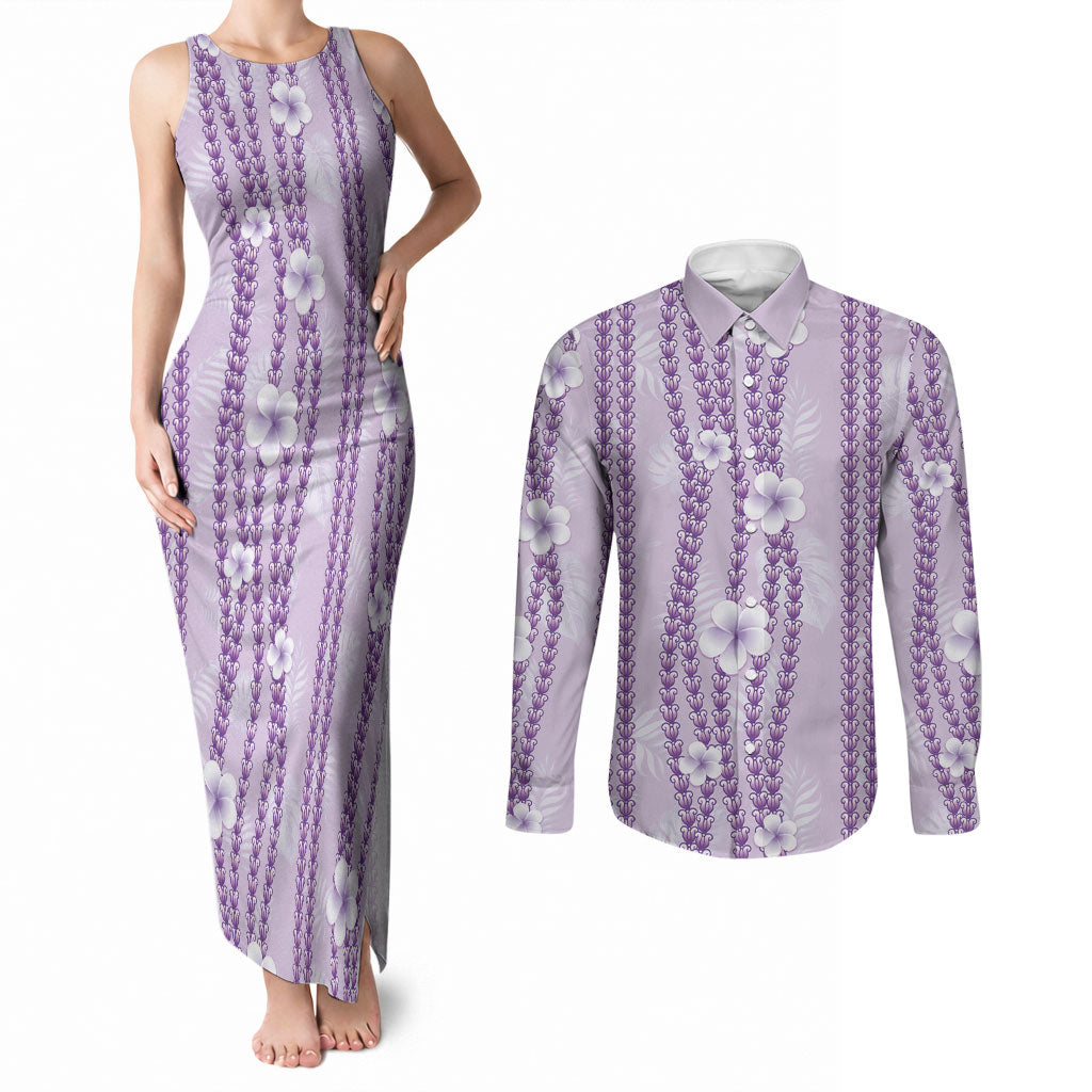 Hawaii Queen Liliuokalani Couples Matching Tank Maxi Dress and Long Sleeve Button Shirt Lavender Lei Pua Kalaunu