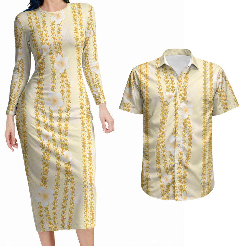 Hawaii Queen Liliuokalani Couples Matching Long Sleeve Bodycon Dress and Hawaiian Shirt Gold Lei Pua Kalaunu