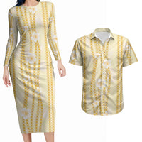 Hawaii Queen Liliuokalani Couples Matching Long Sleeve Bodycon Dress and Hawaiian Shirt Gold Lei Pua Kalaunu