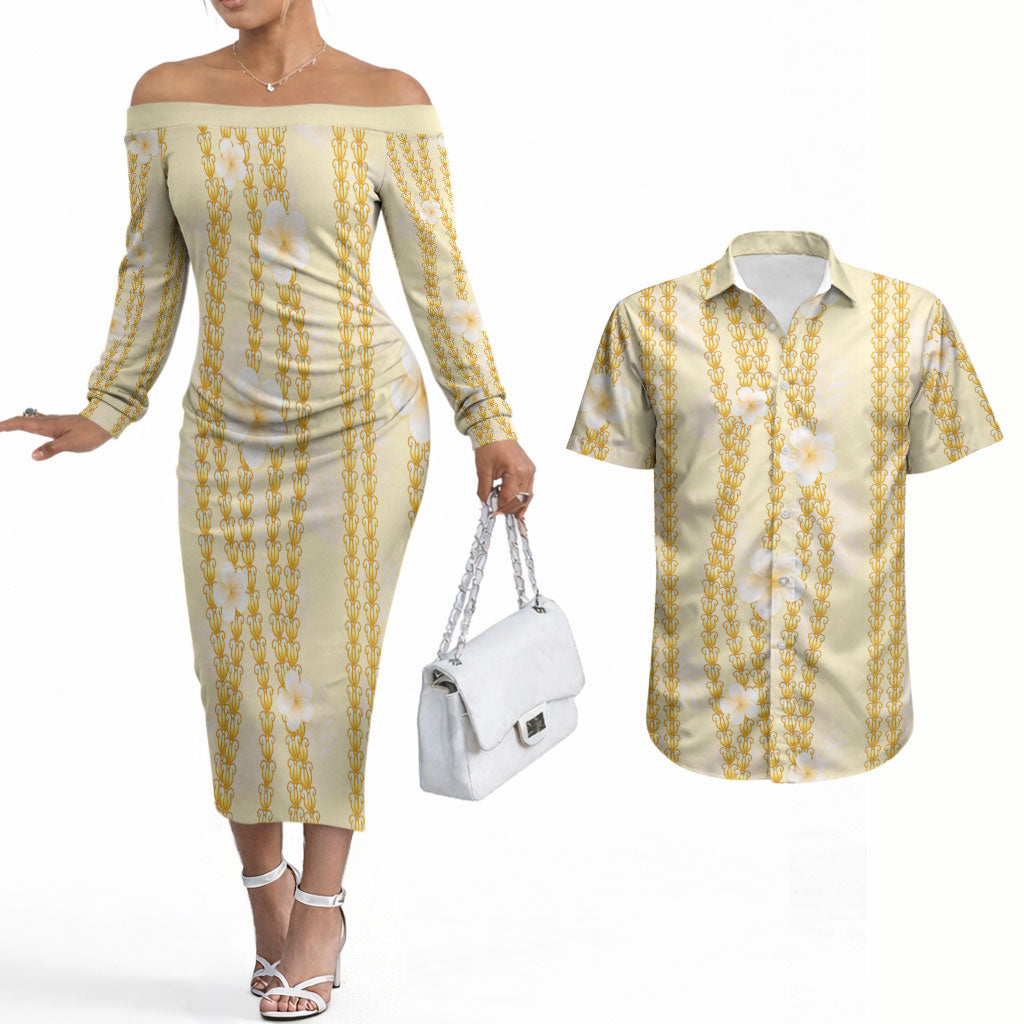 Hawaii Queen Liliuokalani Couples Matching Off The Shoulder Long Sleeve Dress and Hawaiian Shirt Gold Lei Pua Kalaunu