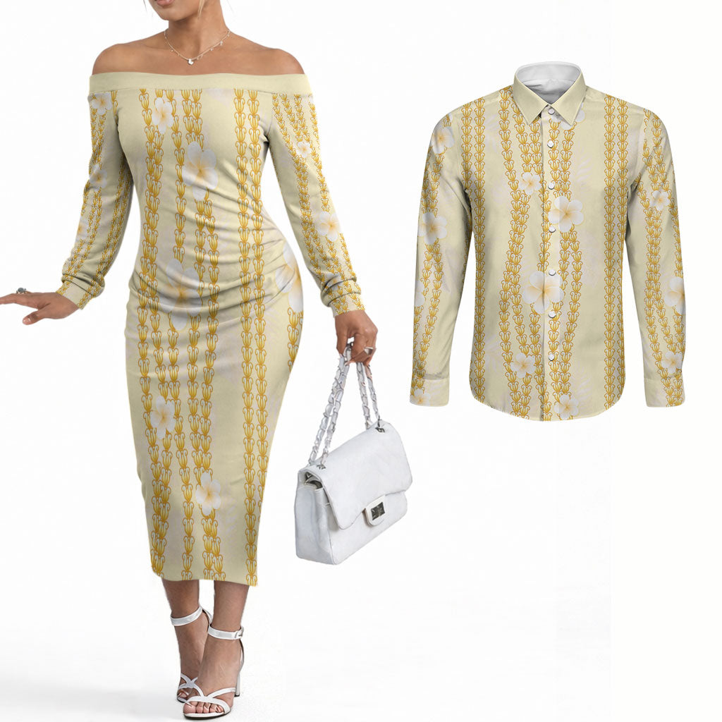 Hawaii Queen Liliuokalani Couples Matching Off The Shoulder Long Sleeve Dress and Long Sleeve Button Shirt Gold Lei Pua Kalaunu