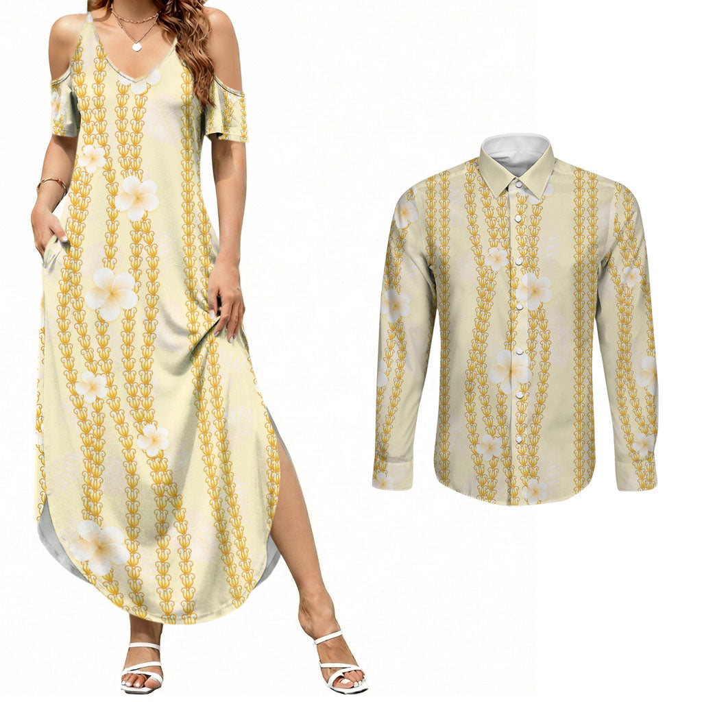 Hawaii Queen Liliuokalani Couples Matching Summer Maxi Dress and Long Sleeve Button Shirt Gold Lei Pua Kalaunu
