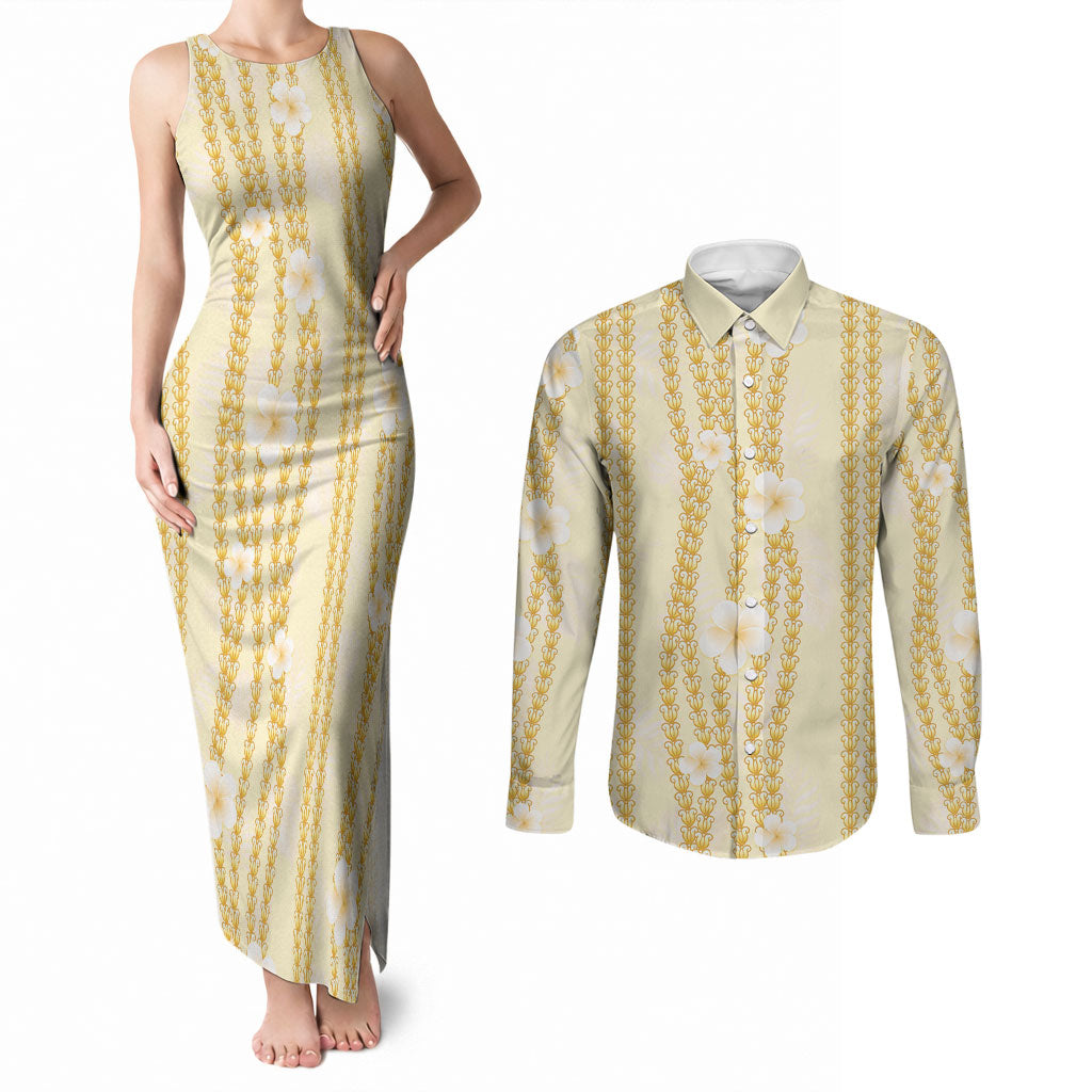 Hawaii Queen Liliuokalani Couples Matching Tank Maxi Dress and Long Sleeve Button Shirt Gold Lei Pua Kalaunu