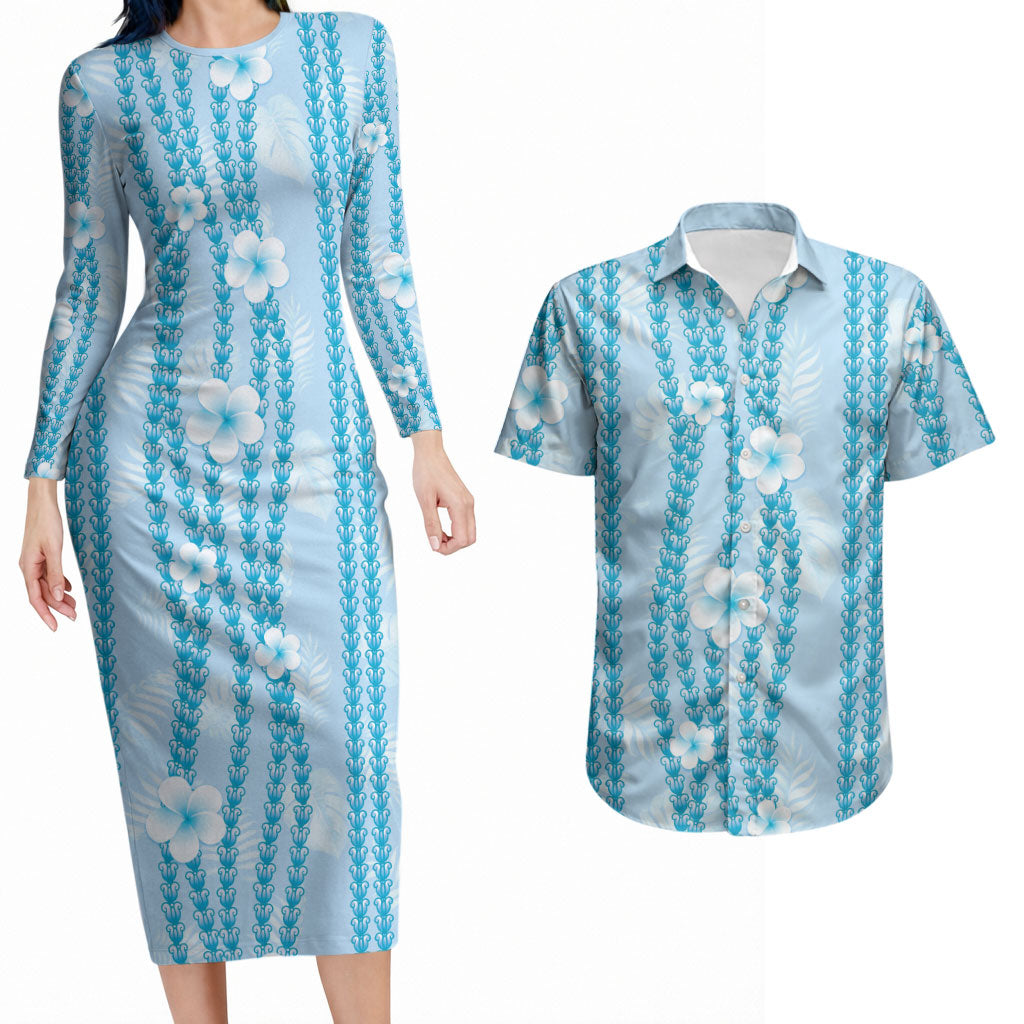 Hawaii Queen Liliuokalani Couples Matching Long Sleeve Bodycon Dress and Hawaiian Shirt Blue Lei Pua Kalaunu