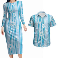 Hawaii Queen Liliuokalani Couples Matching Long Sleeve Bodycon Dress and Hawaiian Shirt Blue Lei Pua Kalaunu