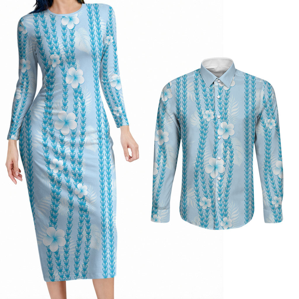 Hawaii Queen Liliuokalani Couples Matching Long Sleeve Bodycon Dress and Long Sleeve Button Shirt Blue Lei Pua Kalaunu