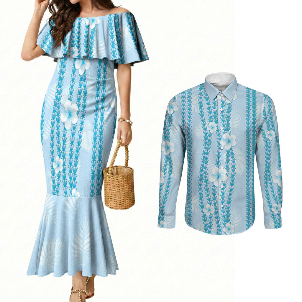 Hawaii Queen Liliuokalani Couples Matching Mermaid Dress and Long Sleeve Button Shirt Blue Lei Pua Kalaunu
