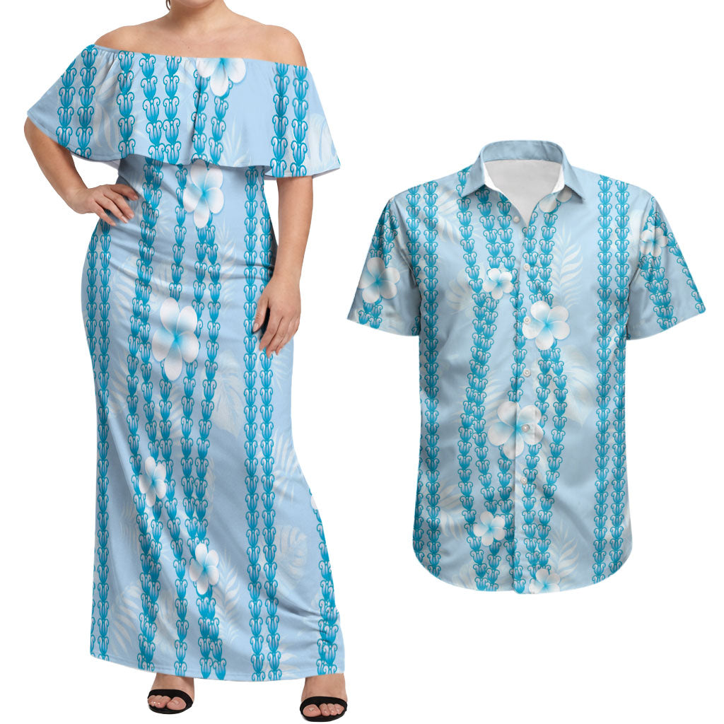 Hawaii Queen Liliuokalani Couples Matching Off Shoulder Maxi Dress and Hawaiian Shirt Blue Lei Pua Kalaunu