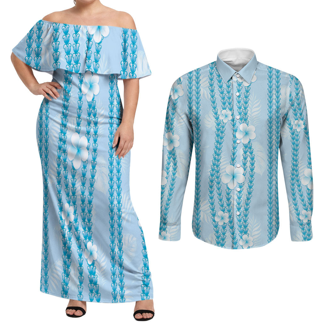 Hawaii Queen Liliuokalani Couples Matching Off Shoulder Maxi Dress and Long Sleeve Button Shirt Blue Lei Pua Kalaunu