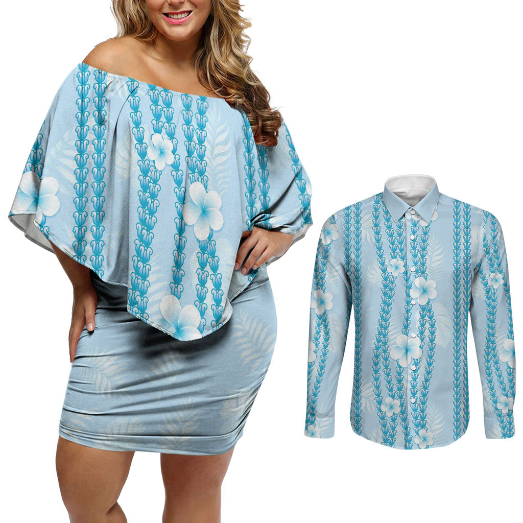 Hawaii Queen Liliuokalani Couples Matching Off Shoulder Short Dress and Long Sleeve Button Shirt Blue Lei Pua Kalaunu
