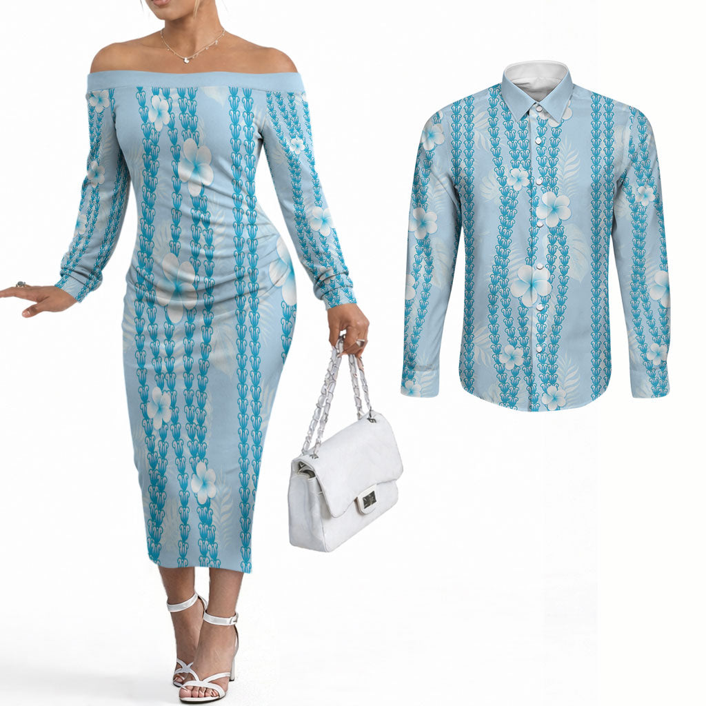 Hawaii Queen Liliuokalani Couples Matching Off The Shoulder Long Sleeve Dress and Long Sleeve Button Shirt Blue Lei Pua Kalaunu