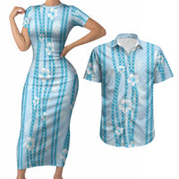 Hawaii Queen Liliuokalani Couples Matching Short Sleeve Bodycon Dress and Hawaiian Shirt Blue Lei Pua Kalaunu