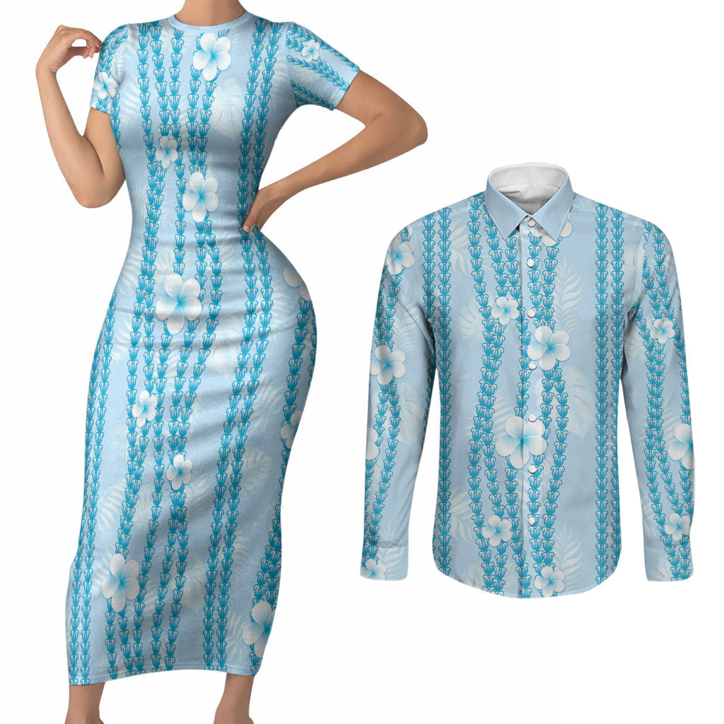 Hawaii Queen Liliuokalani Couples Matching Short Sleeve Bodycon Dress and Long Sleeve Button Shirt Blue Lei Pua Kalaunu