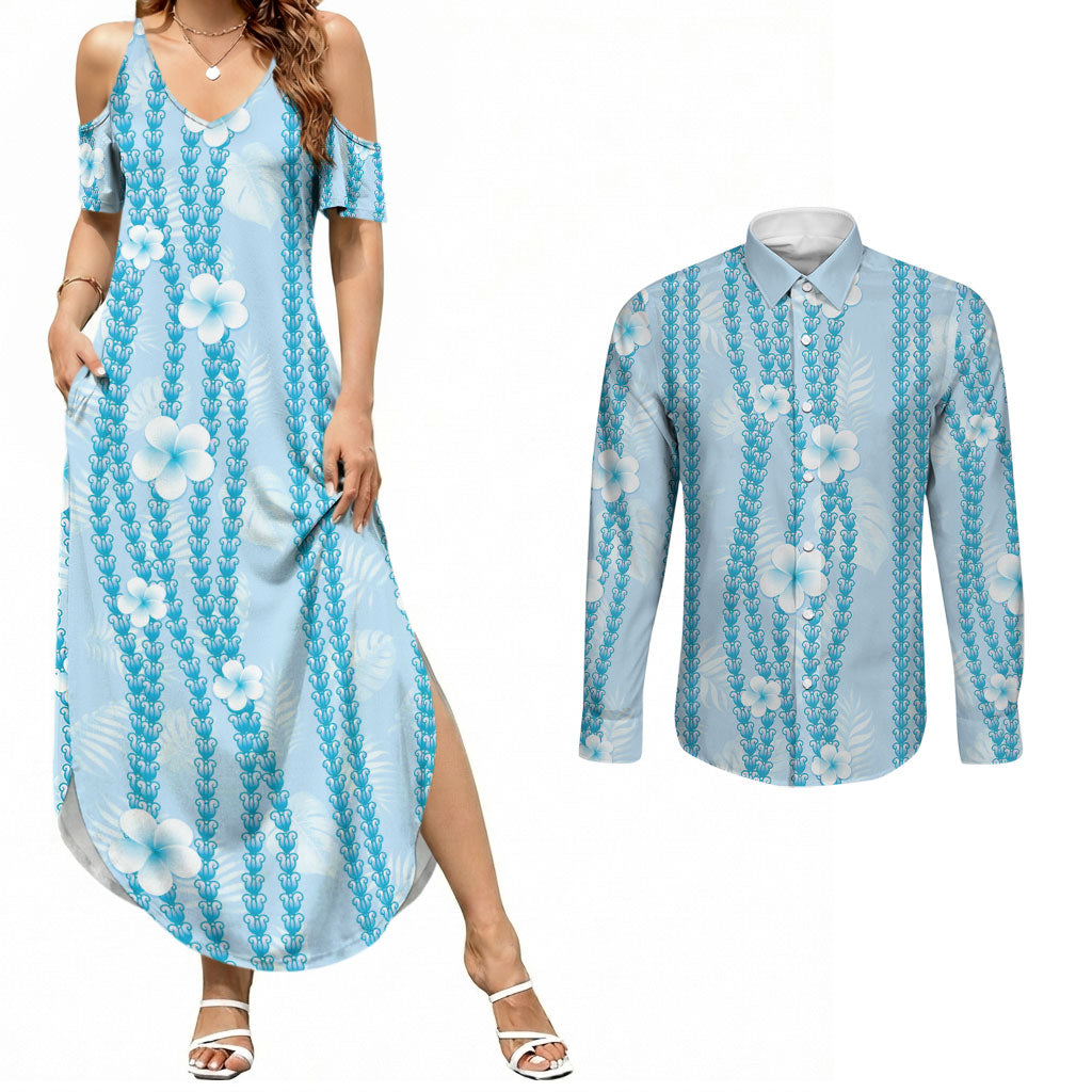 Hawaii Queen Liliuokalani Couples Matching Summer Maxi Dress and Long Sleeve Button Shirt Blue Lei Pua Kalaunu