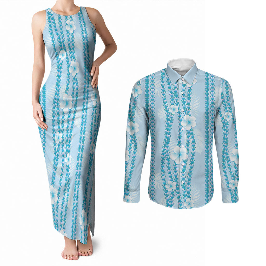 Hawaii Queen Liliuokalani Couples Matching Tank Maxi Dress and Long Sleeve Button Shirt Blue Lei Pua Kalaunu