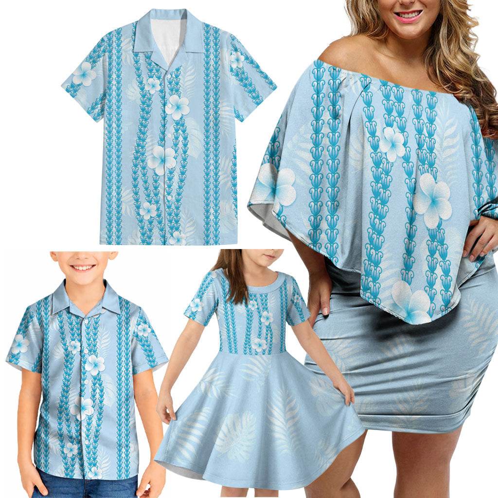 Hawaii Queen Liliuokalani Family Matching Off Shoulder Short Dress and Hawaiian Shirt Blue Lei Pua Kalaunu