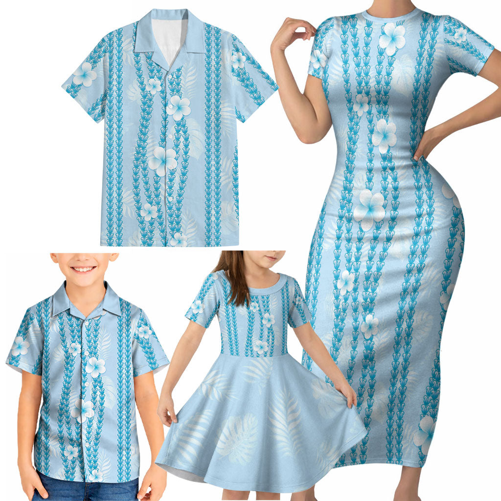 Hawaii Queen Liliuokalani Family Matching Short Sleeve Bodycon Dress and Hawaiian Shirt Blue Lei Pua Kalaunu