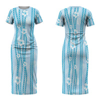 Hawaii Queen Liliuokalani Family Matching Short Sleeve Bodycon Dress and Hawaiian Shirt Blue Lei Pua Kalaunu LT05 Mom's Dress Blue - Polynesian Pride