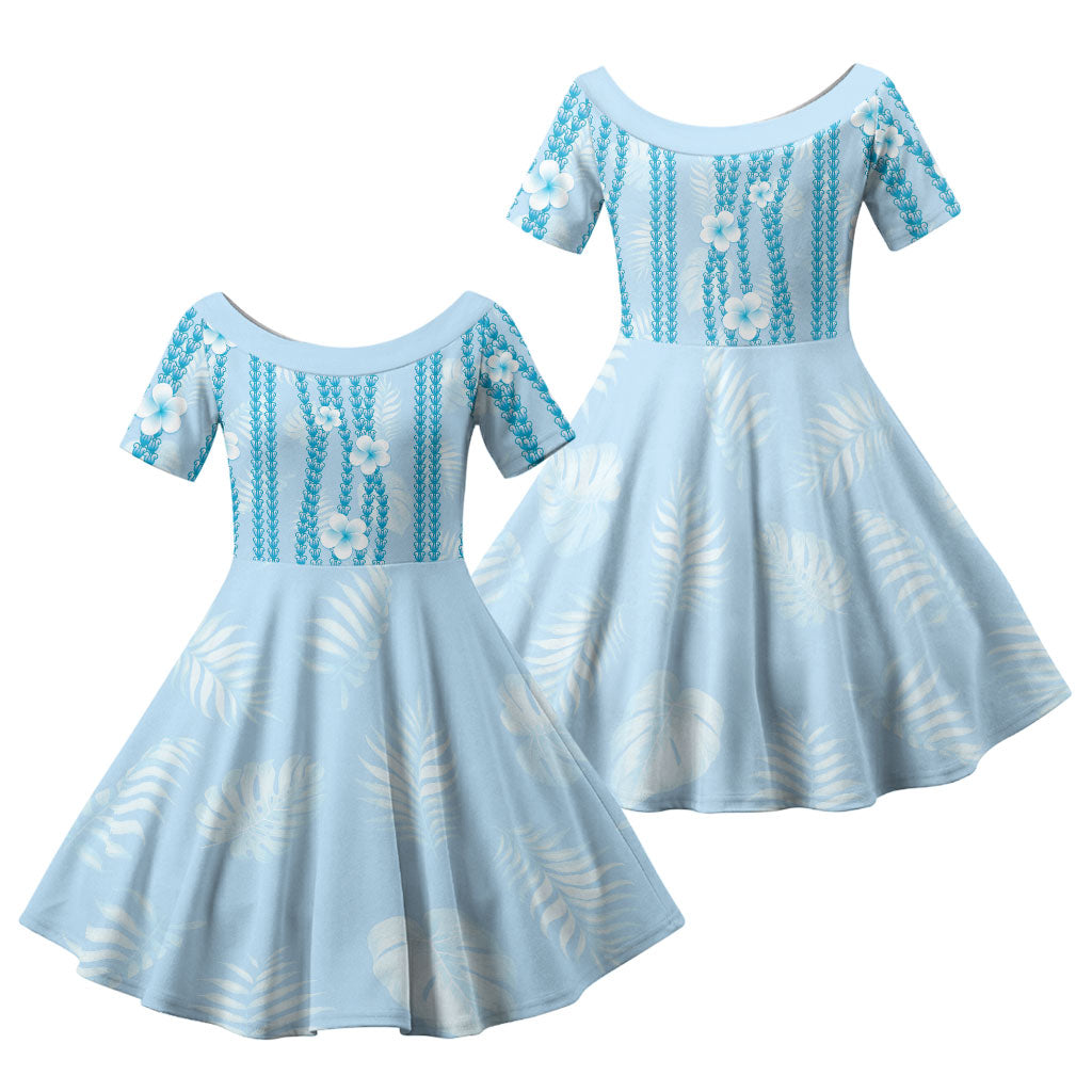 Hawaii Queen Liliuokalani Family Matching Short Sleeve Bodycon Dress and Hawaiian Shirt Blue Lei Pua Kalaunu LT05 Daughter's Dress Blue - Polynesian Pride