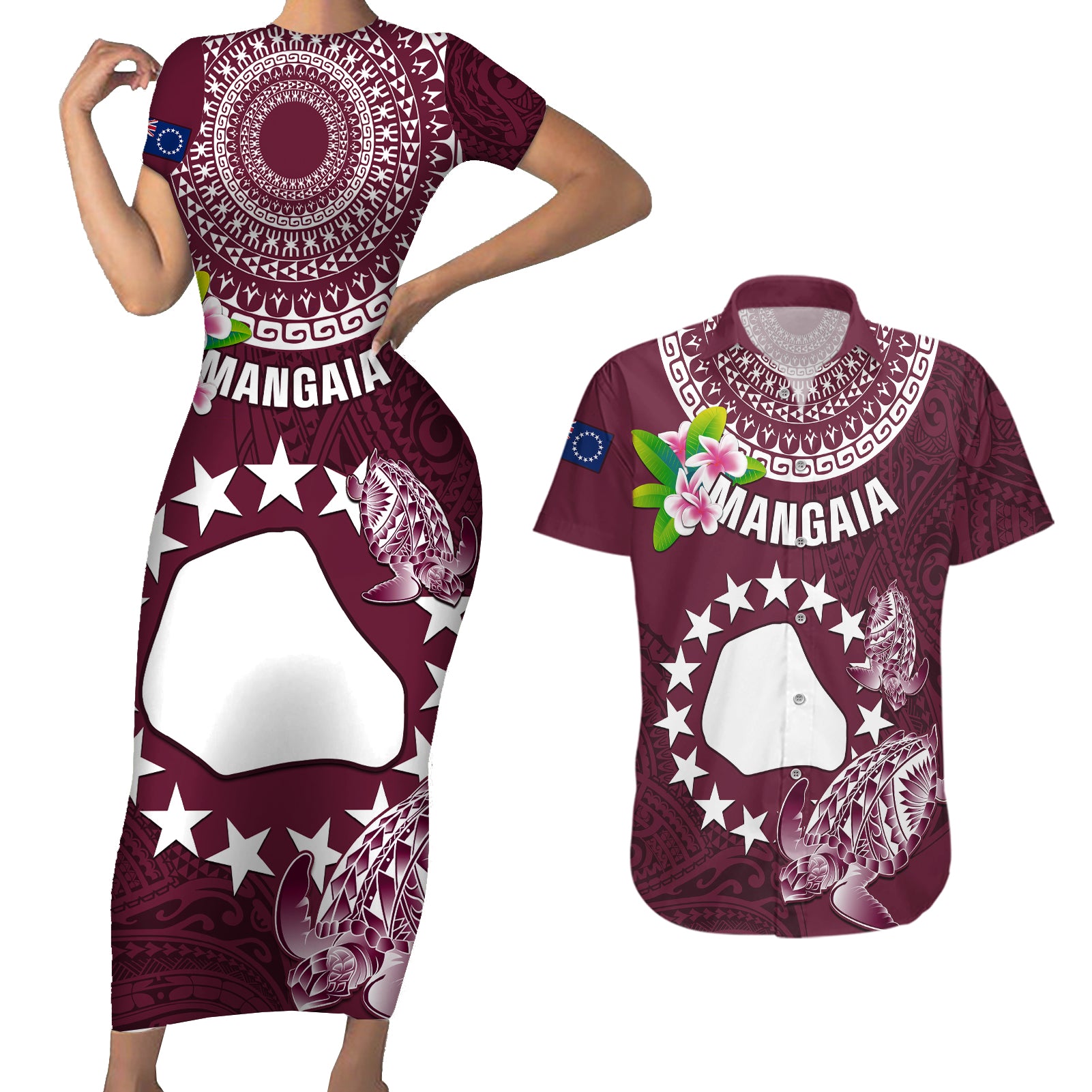 Cook Islands Mangaia Couples Matching Short Sleeve Bodycon Dress and Hawaiian Shirt Coat Of Arms Plumeria Polynesian Turtle LT05 Pink - Polynesian Pride